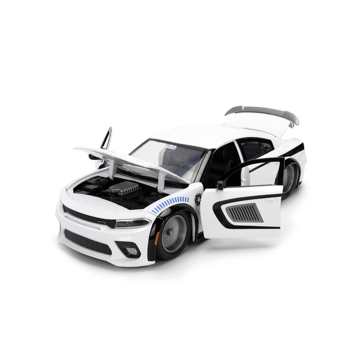 White and black die-cast model vehicle with doors, hood, and trunk open on a white background. 