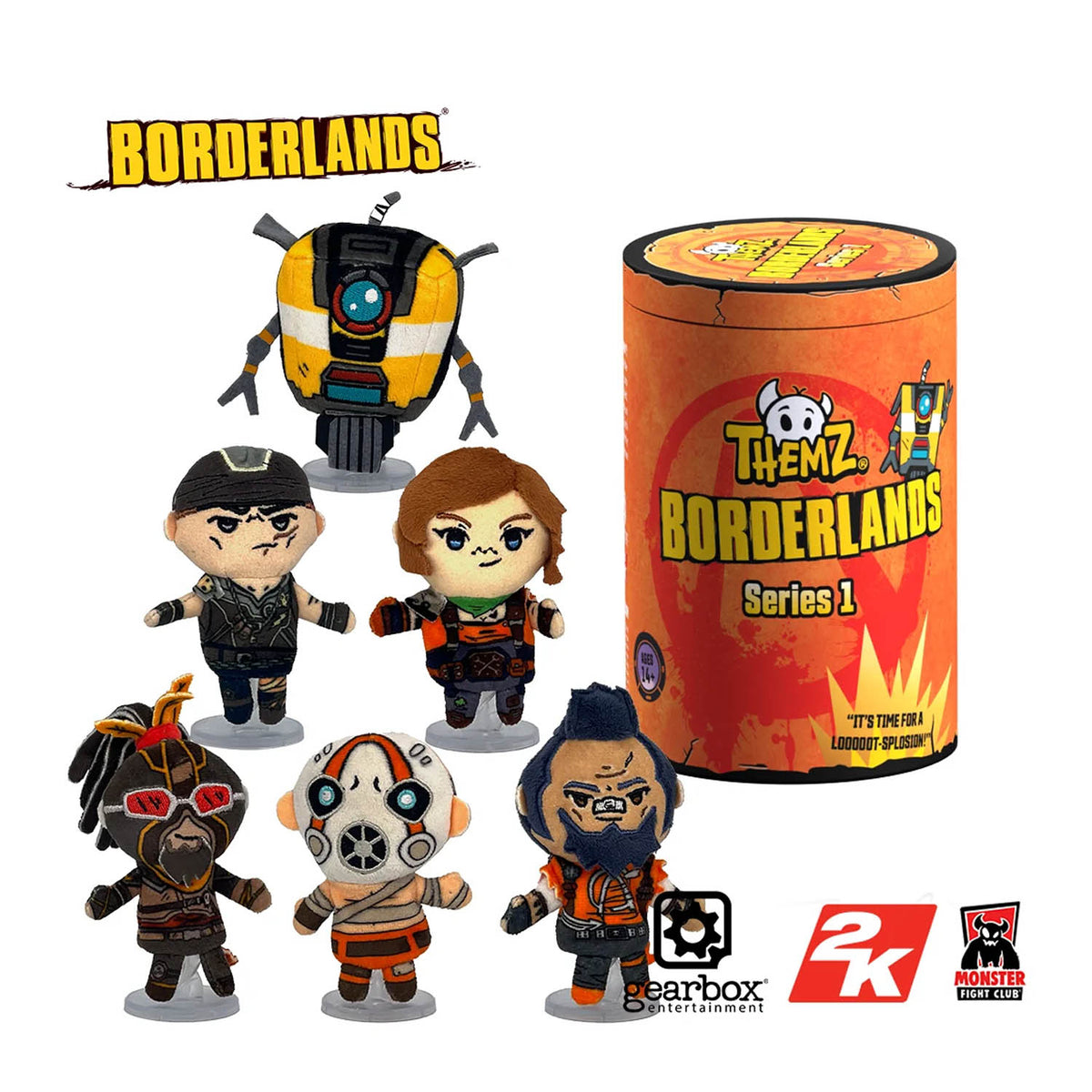 Themz! Borderlands Series 1 toy figure set featuring five stylized chibi characters and a large orange cylindrical packaging canister on a white background, with Borderlands, Gearbox Entertainment, 2K, and Monster Energy logos visible.