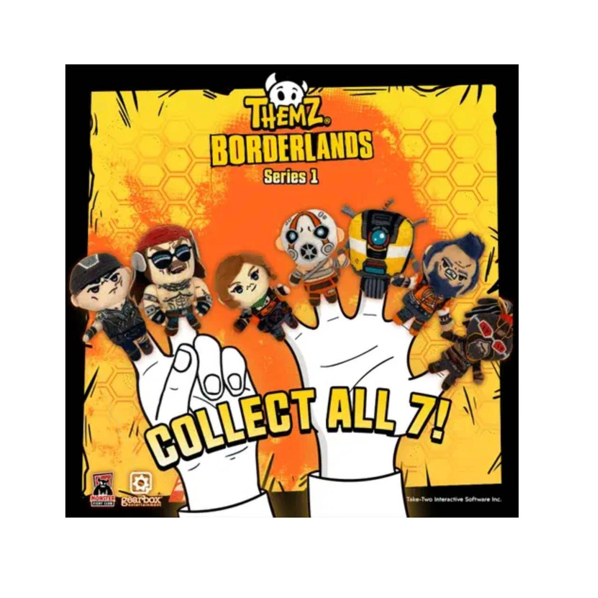Promotional graphic for Themz Borderlands Series 1 collectible finger puppets shown on a white hand with the text 'Collect All 7!'