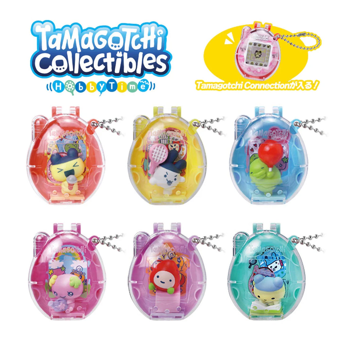 Collection of Tamagotchi Collectibles with colorful cases on a white background