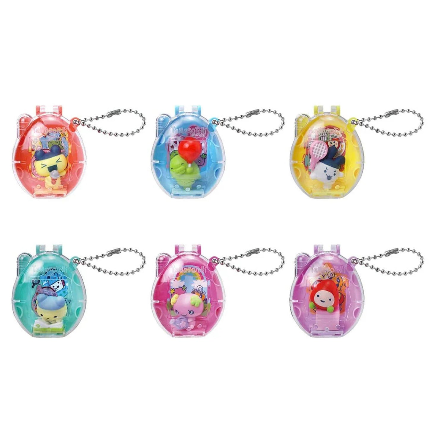 Set of six colorful keychains with Tamagotchi characters on a white background