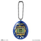 Blue and gold Tamagotchi device with silver chain on a white background. 
