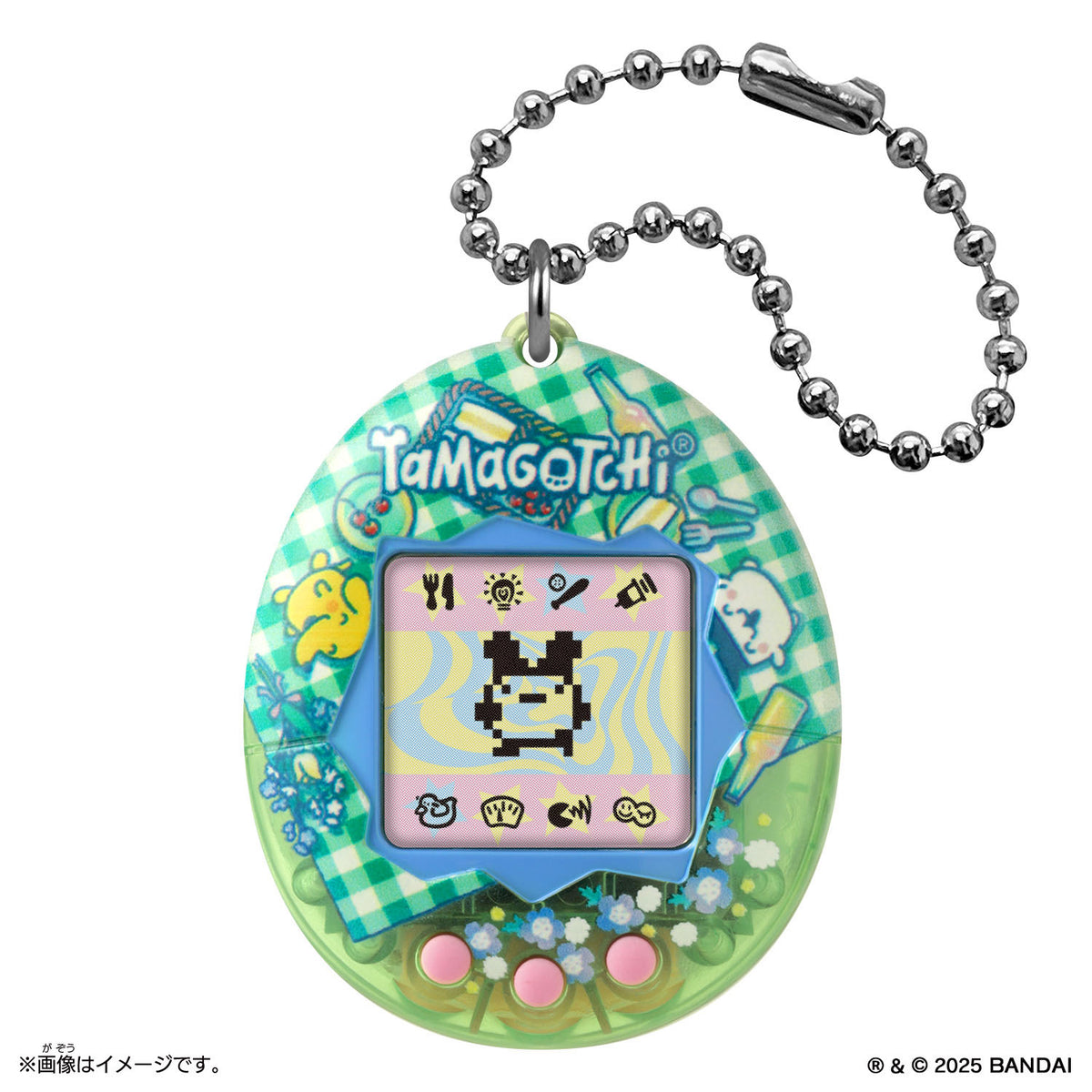 Tamagotchi device with a checkered design on a white background