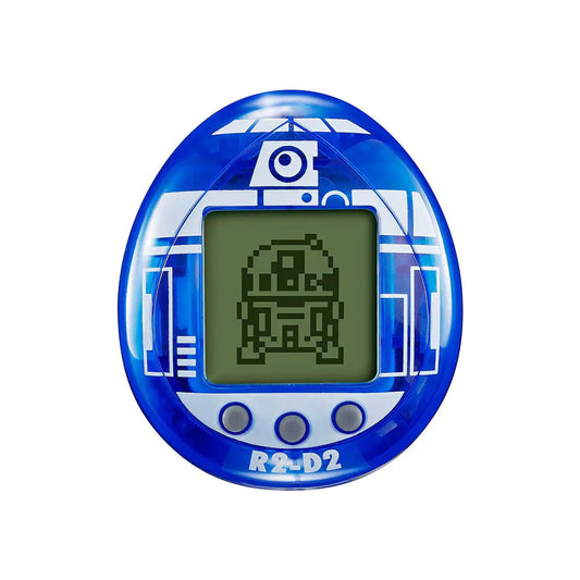 Blue electronic toy resembling R2-D2 from Star Wars on a white background