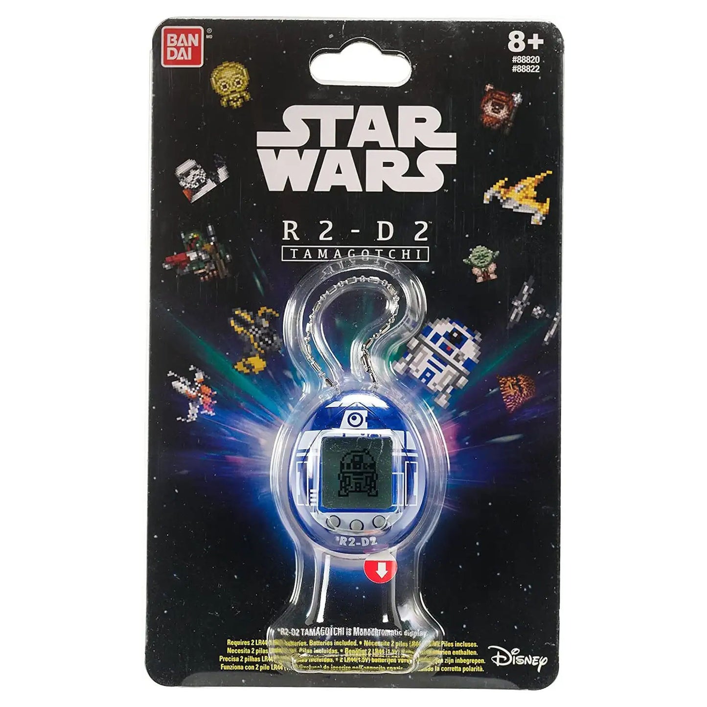 Star Wars R2-D2 Tamagotchi toy packaging with black background and product display.
