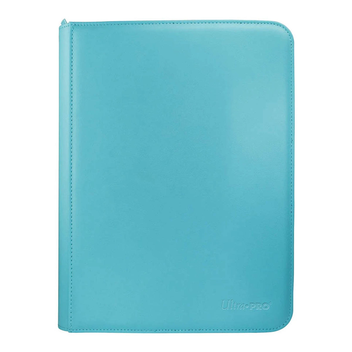 An aqua blue color leather card folio with rounded corners and a zip-around closure, shown on a plain white background. The brand name 'Ultra pro' is subtly embossed in the bottom right corner