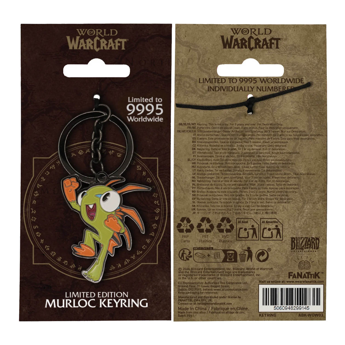 World of Warcraft Murloc Keyring limited edition packaging, showing the front with a green and orange Murloc charm on a dark brown card, and the back with product details on a tan card.