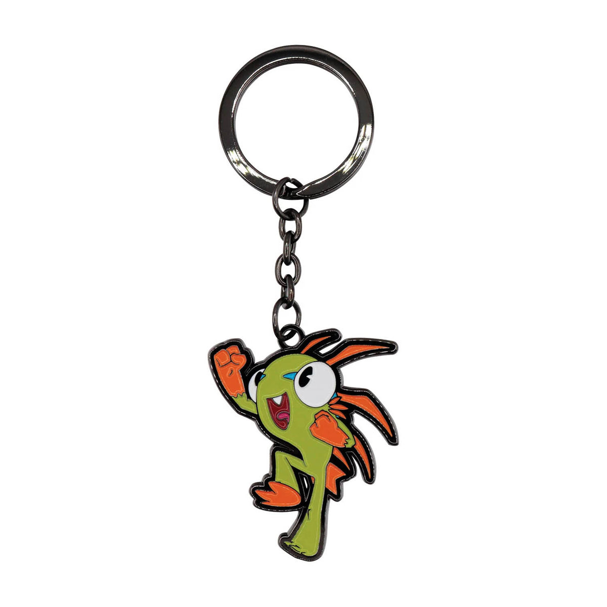 A metal keychain featuring a green Murloc from World of Warcraft. 