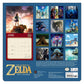 Back cover of The Legend of Zelda 2027 Calendar showing a large June page layout, a grid of 12 character and scene illustrations, and product text on a dark blue background.