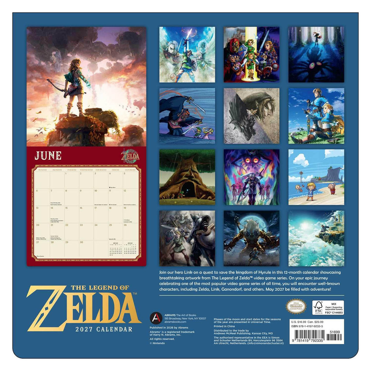 Back cover of The Legend of Zelda 2027 Calendar showing a large June page layout, a grid of 12 character and scene illustrations, and product text on a dark blue background.