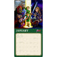 A January calendar page featuring artwork from The Legend of Zelda series. The top portion shows illustrated characters including Link, Zelda, Ganon, and other heroes in a fantasy scene, with a bright vertical light beam in the center.