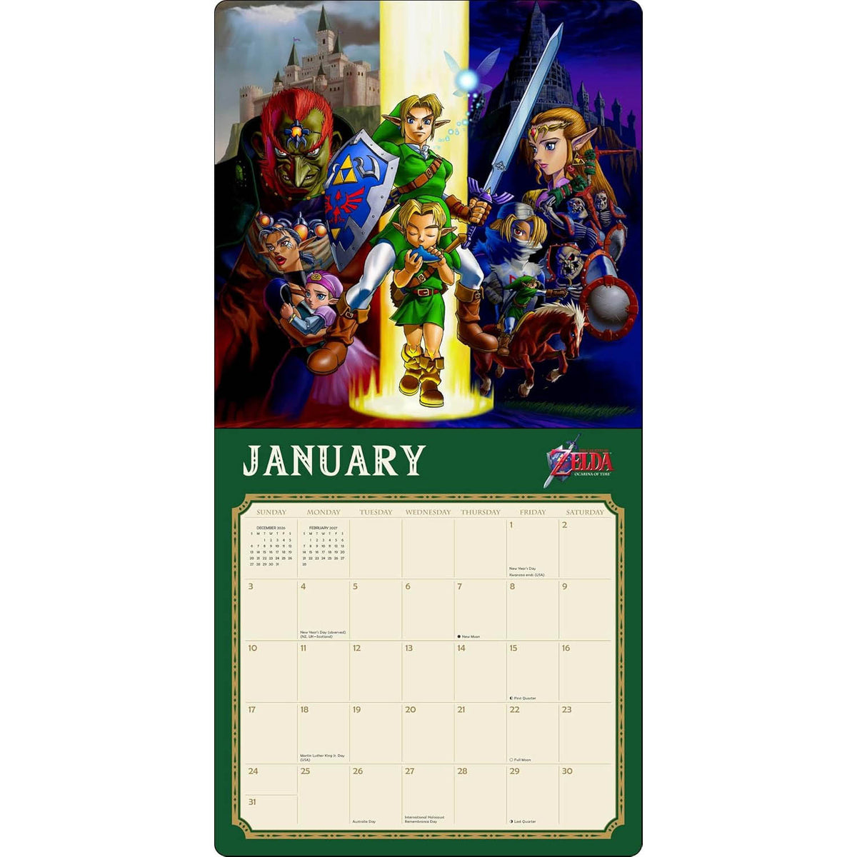 A January calendar page featuring artwork from The Legend of Zelda series. The top portion shows illustrated characters including Link, Zelda, Ganon, and other heroes in a fantasy scene, with a bright vertical light beam in the center.