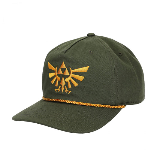 An olive green baseball cap featuring an embroidered gold Triforce logo on the front and a gold braided rope detail along the edge of the brim, shown against a plain white background.