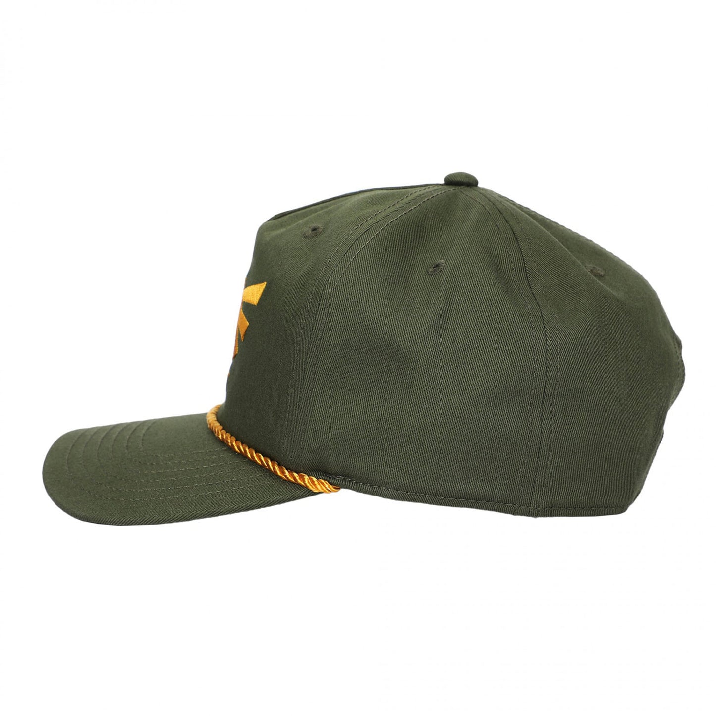 An olive green baseball cap with a curved brim, featuring a small orange geometric logo on the side and a braided orange rope detail along the edge of the brim, shown against a plain white background.