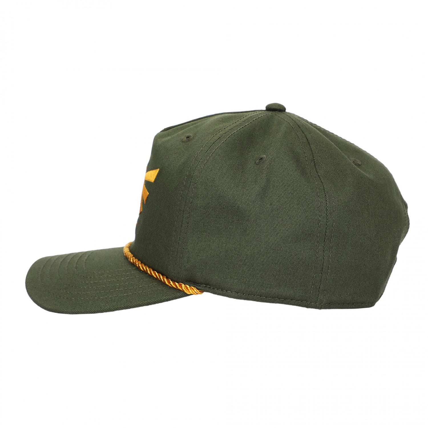 An olive green baseball cap with a curved brim, featuring a small orange geometric logo on the side and a braided orange rope detail along the edge of the brim, shown against a plain white background.