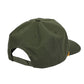 An olive green baseball cap shown from a rear three-quarter angle, featuring an adjustable strap and a small orange embroidered logo on the side, set against a plain white background.