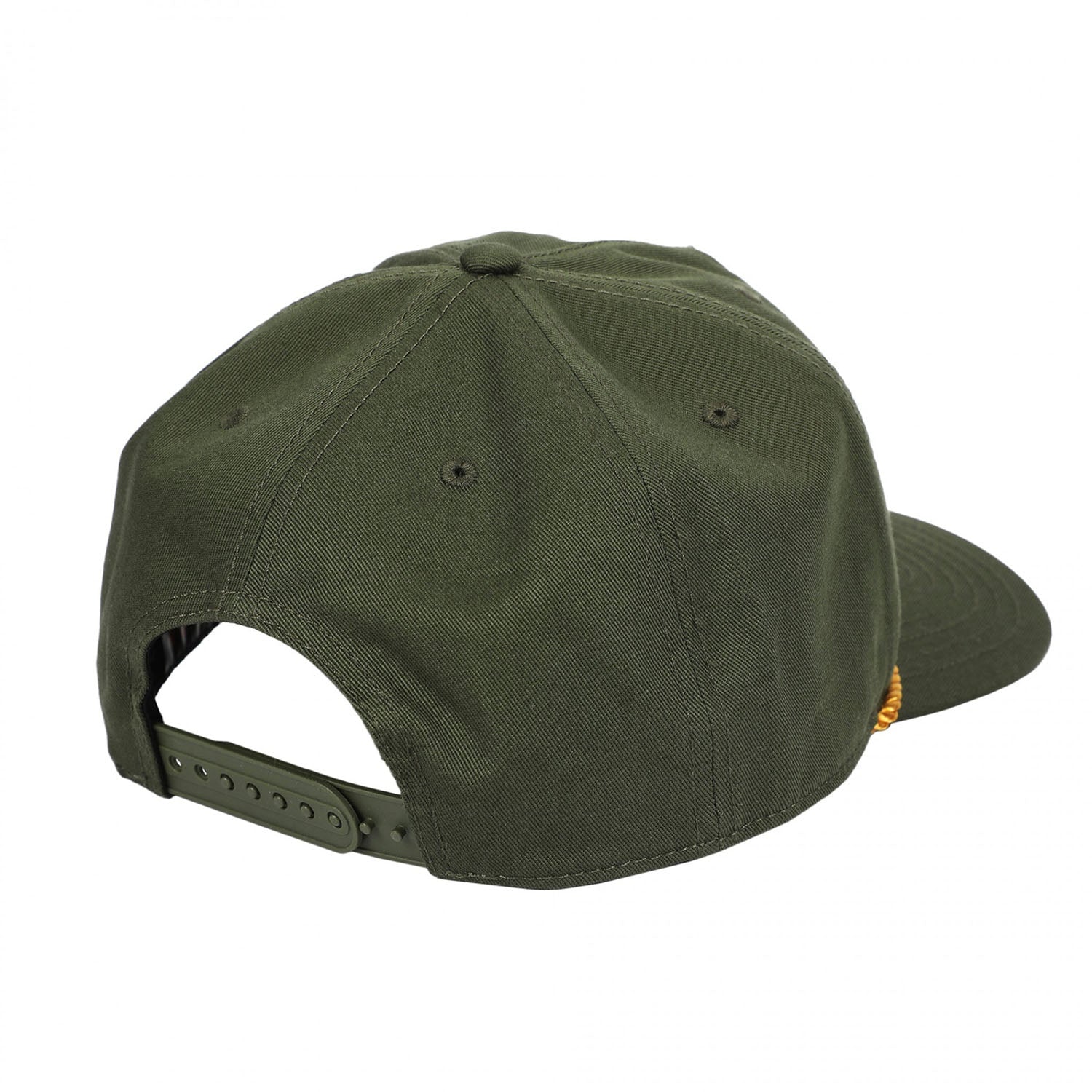 An olive green baseball cap shown from a rear three-quarter angle, featuring an adjustable strap and a small orange embroidered logo on the side, set against a plain white background.